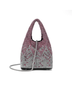 Detailed close-up of pink and white gradient rhinestones on this elegant hobo bucket bag
