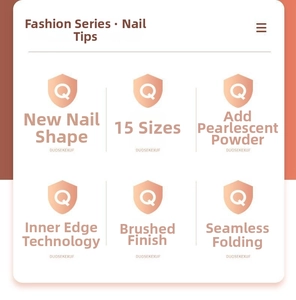 Detail showing 15 sizes of matte press-on nails with pearl powder and seamless fold
