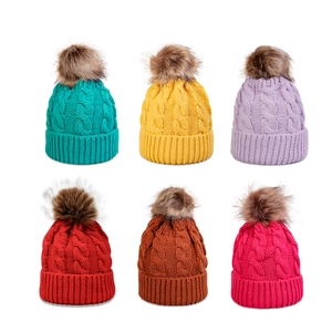 Winter cable knit pom-pom beanie hats for women and men in six assorted vibrant colors