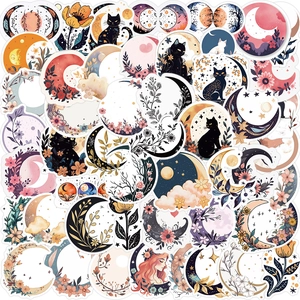 Waterproof PVC Decorative Stickers Moon Flower Black Cat Starry Sky Bohemian Mystery For Laptop Guitar Luggage DIY