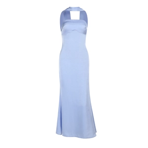 Detail of the light blue satin dress showing the halter neck and glossy fabric texture