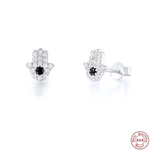 S925 Sterling Silver Hamsa Hand stud earrings with white zircon and black diamond