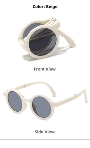 Close-up of foldable beige round sunglasses for kids showing compact portable design