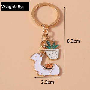 Detailed view of alpaca and potted plant keychain with weight and size specifications