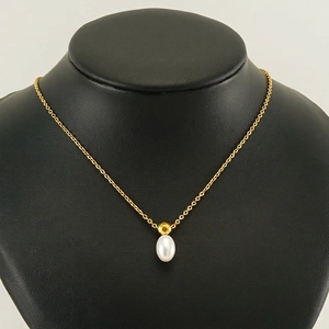Artificial Pearl Pendant Necklace 18K Gold Plated Stainless Steel Water Drop Shape Geometric Bead Elegant Minimalist Jewelry For Women