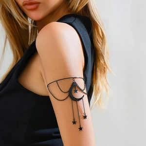 Gothic black moon and star arm cuff with multilayer chains for a chic bohemian look