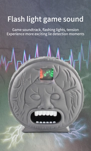 Detail of Roman mask lie detector toy featuring glowing light effects and sound wave graphics