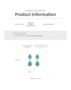 Detailed view of teardrop resin earrings with white cubic zirconia and silver needle size