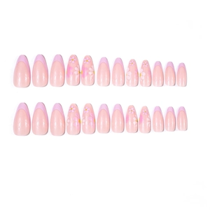 Medium almond press-on nails with light pink French tips and delicate daisy patterns