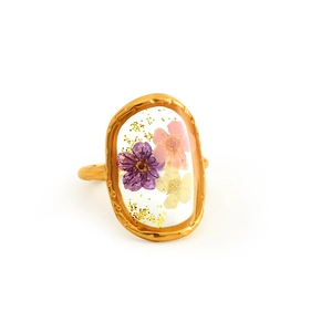 Adjustable gold stainless steel ring with dried flowers in resin and gold flakes