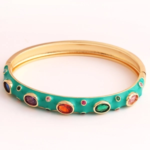 Fashionable gold plated bangle with colorful zircon stones and green enamel finish