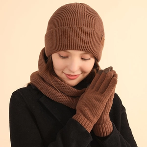 Brown knitted three-piece winter set including hat, scarf, and touchscreen gloves