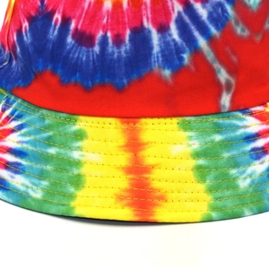 Macro shot of colorful tie-dye bucket hat featuring yellow double stitching details