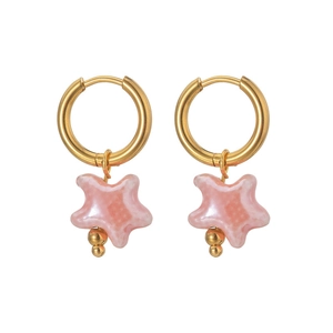 Starfish shaped 18K gold plated titanium steel hoop earrings with pink enamel charms