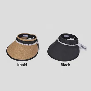 Visiera parasole da donna a tesa larga con perle decorative in kaki e nero