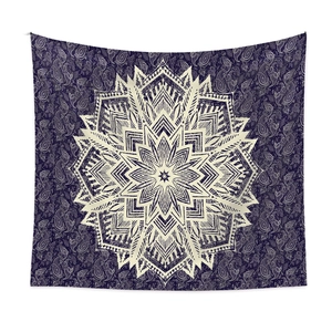 Detailed pattern of bohemian purple mandala tapestry with ethnic paisley design