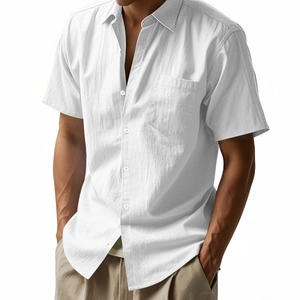 Camicia Henley da uomo in lino bianco a maniche corte con vestibilità ampia e colletto