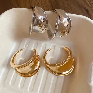Chunky C-Shape Hoop Earrings Alloy Mirror Finish With 925 Sterling Silver Earring Post Exaggerated Minimalist Jewelry