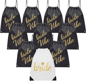 Set of 10 drawstring bags for bride and tribe with gold print for wedding favors