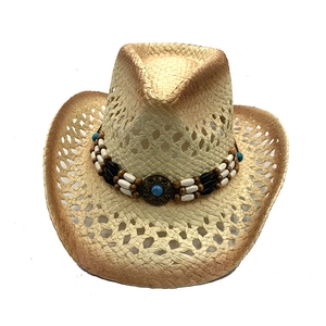 Handmade western straw cowboy hat with beaded band and vintage turquoise star badge