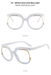 Front and side view of Y2K white owl frame glasses with anti-blue light clear lenses