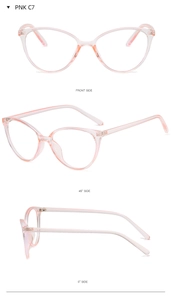 Three views of pink cat eye frames showing front and side angles in model PNK C7