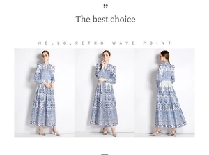 Three-way view of a blue and white vintage printed maxi dress with a cinched waist