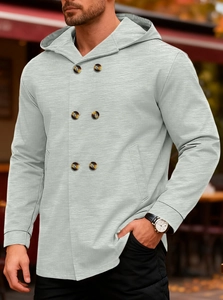 Detail of light grey double-breasted hooded coat with fine horizontal fabric texture