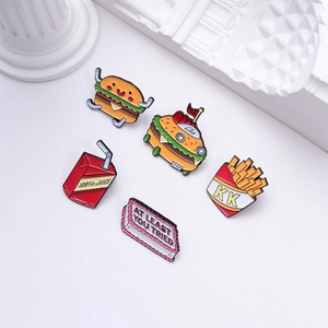 5-piece cartoon food enamel pin set featuring burger, fries, juice, and funny slogan badge