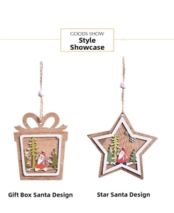 Detail showing laser-cut wooden Santa gift box and five-pointed star Christmas ornaments