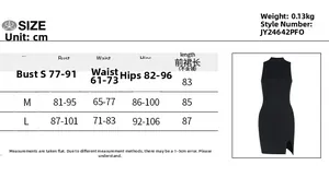 Size chart showing bust, waist, and hip measurements for this slim slit tank dress