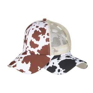 Adjustable cow print baseball cap with breathable mesh and cross elastic back
