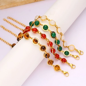 Detail of four colorful beaded bracelets with lobster clasp and adjustable chains