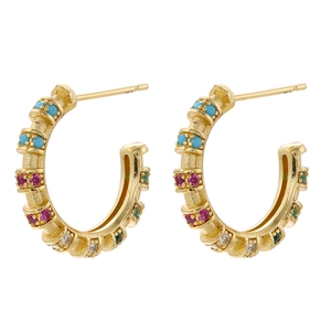 Luxurious 18K gold plated C-shaped earrings with colorful zircon bamboo segment design