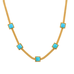 Gold bohemian square turquoise gemstone station necklace in flat snake bone chain style