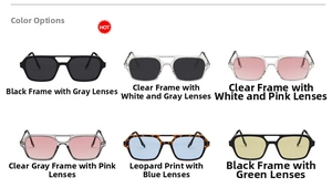 Close-up detail of six colorful square frame sunglasses with double bridge metal design