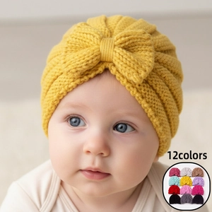 Baby Knitted Turban Hat Soft Polyester Yarn Large Bow Solid Color Newborn Infant Warm Winter Beanie Accessories