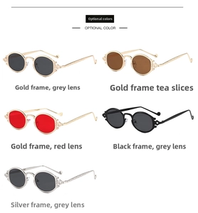 Flat lay of retro oval punk sunglasses in gold, silver, and black metal engraved frames