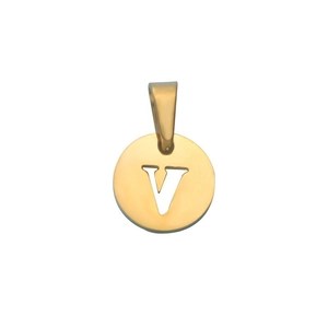 Polished golden stainless steel round pendant with hollow V letter and bail attachment