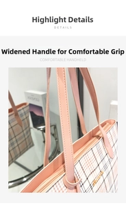 Detail shot of pink plaid tote bag showing reinforced wide handle and metal zipper