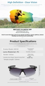 Detailed size chart for sports cycling sunglasses with frame measurements in mm