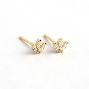 S925 sterling silver gold crown stud earrings with marquise cut clear crystals