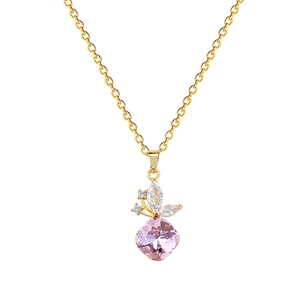 Elegant gold titanium steel necklace featuring a pink square gemstone and butterfly pendant