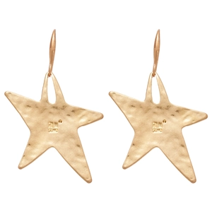Minimalist gold star earrings with hammered metal texture and hook design on white background