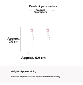 Detailed size chart for pink heart tassel earrings with copper and zircon dimensions