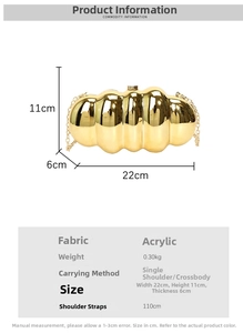 Detailed view of gold glossy acrylic evening clutch with metal chain and size dimensions