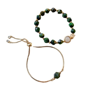 Luxurious forest green emerald bead bracelet set with adjustable gold chain link