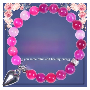 Pink striped agate beaded bracelet with silver heart charm and inspirational card