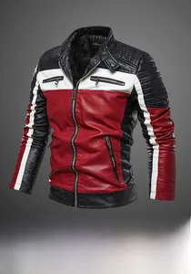 Detail of multi-color motorcycle jacket with accordion pleated sleeves and zipper pockets