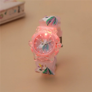 Pink cartoon unicorn kids watch with soft silicone strap and luminous LED dial light